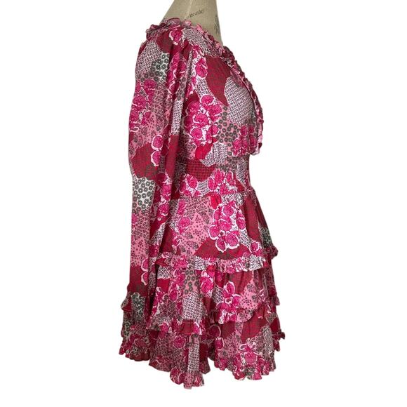 Peixoto $268 ruby smocked mini dress tiered ruffle pink red Anthropologie sz S - Picture 4 of 10